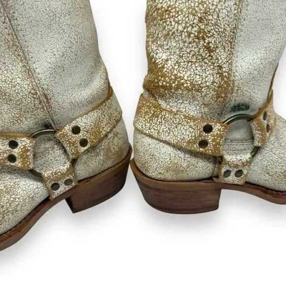 FRYE Harness 12R Leather Belted Western Moto Crackle White Square Toe 7 Women’s